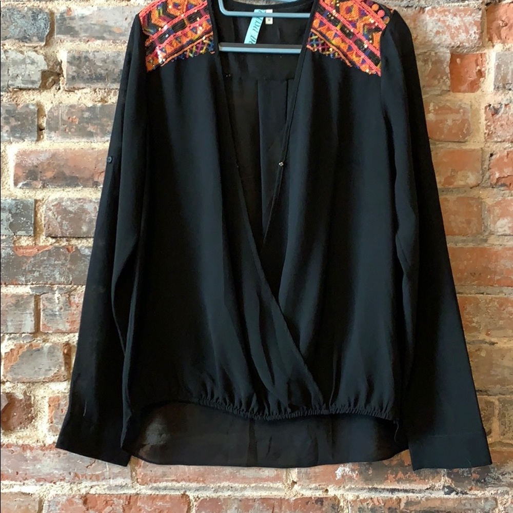 Sheer Black Blouse w/ Colorful Sequined Shoulders